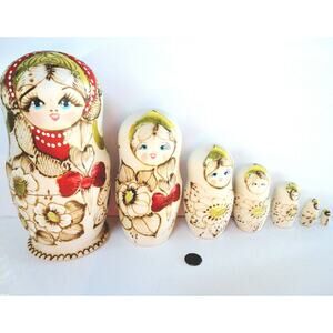 Wooden Nesting Dolls 7 Matryoshka Doll Figurines 9" Wood Stacking Hand Crafted